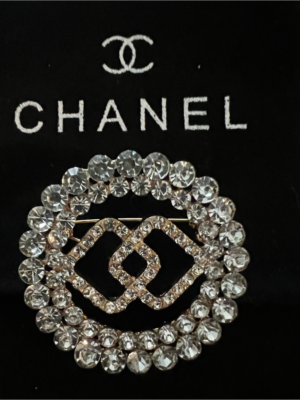 CHANEL Clear Crystal Double CC-Inspired Round Brooch